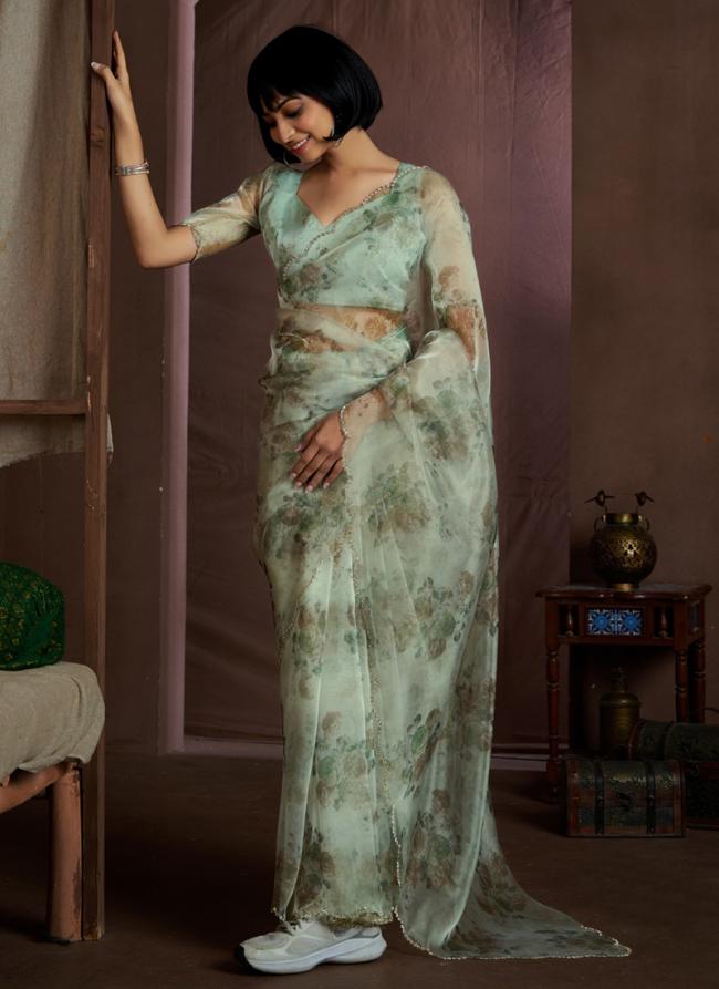 Organza Pista Green Festival Wear Hand Work Saree